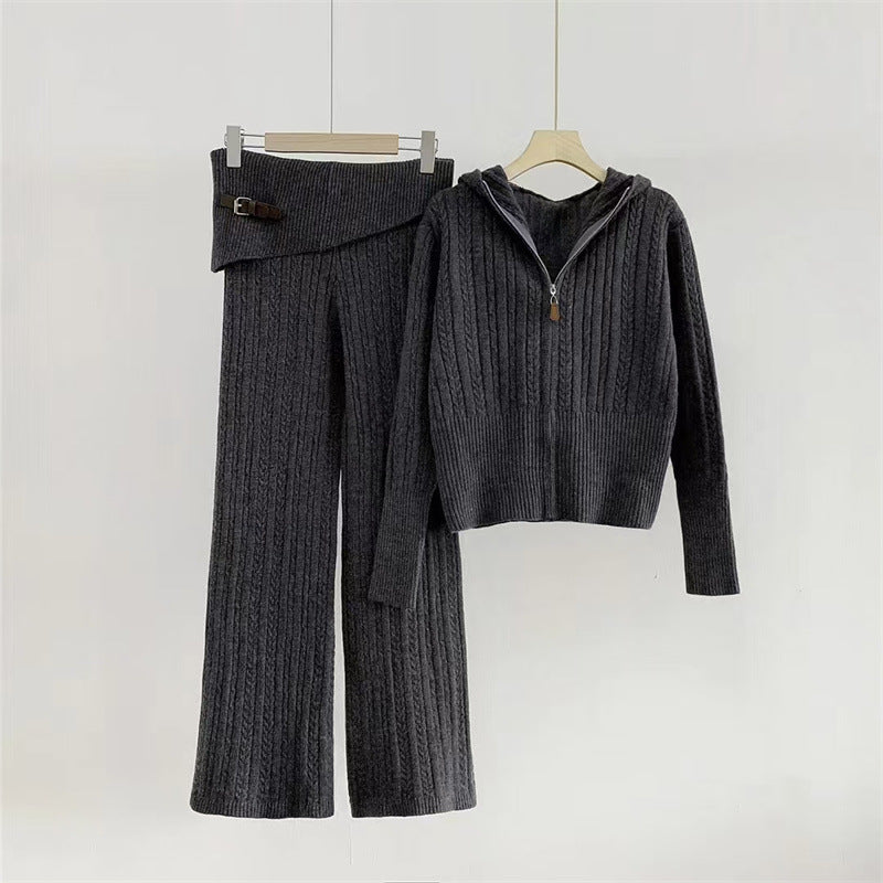 WezelBezel Zipper Cardigan Set - Casual Knit Pants