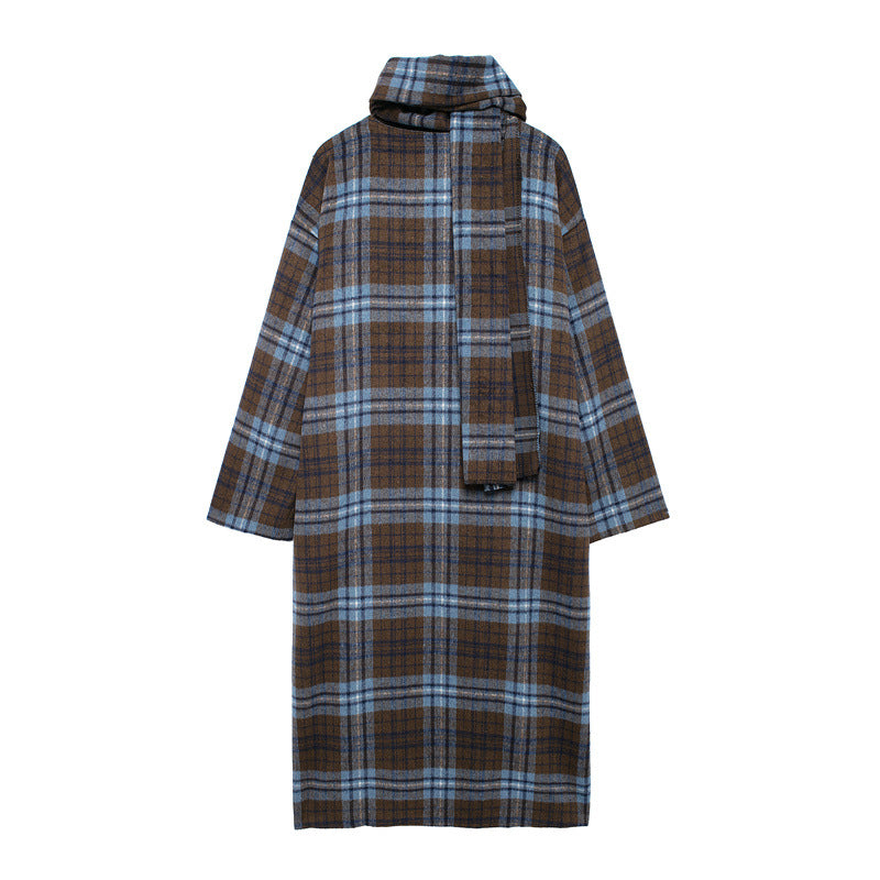 WezelBezel Scarf Collar Coat - Plaid Long Style
