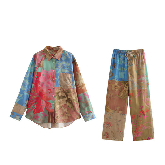 WezelBezel Printed Shirt and Lace-Up Pants Set – Color-Blocked Casual