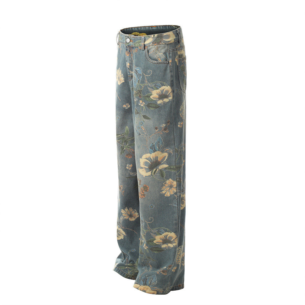 WezelBezel Floral Wide-Leg Denim Pants
