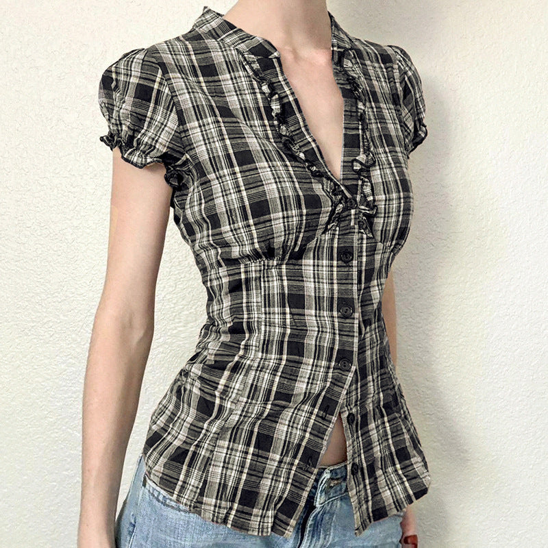 WezelBezel Checkered Puff Sleeve Shirt