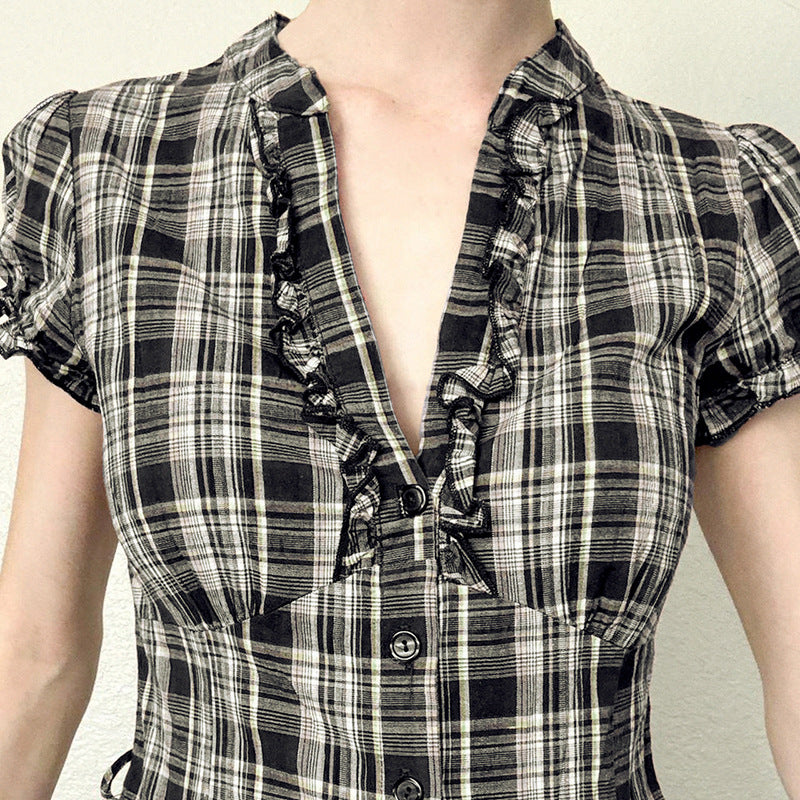 WezelBezel Checkered Puff Sleeve Shirt