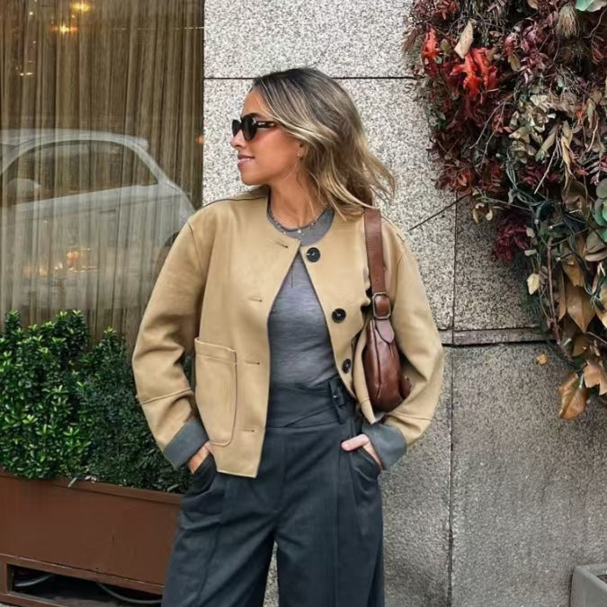 WezelBezel Suede Coat - Round Neck Style