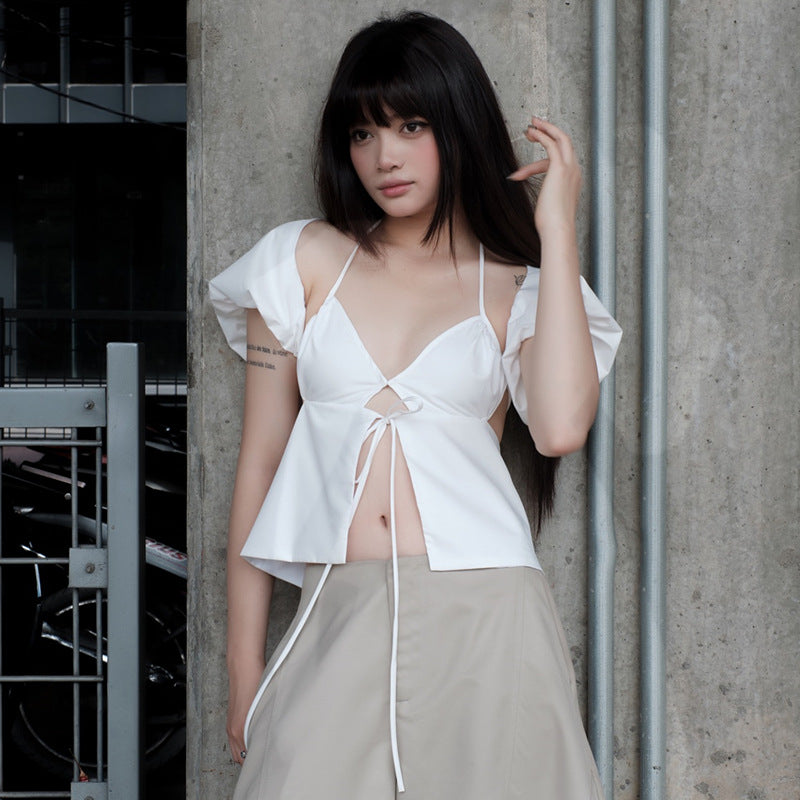 WezelBezel Tie-Up Bubble Knit Top