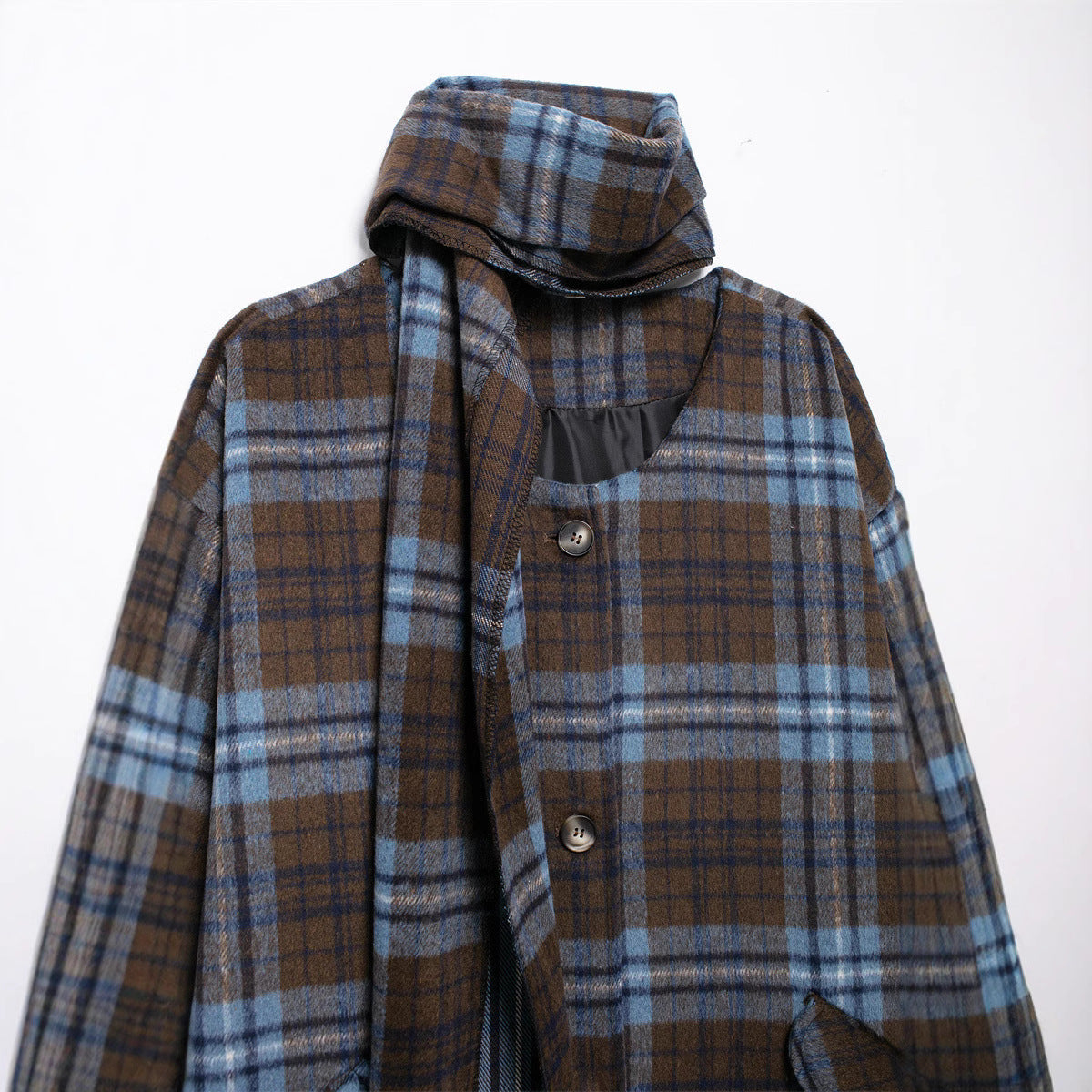 WezelBezel Scarf Collar Coat - Plaid Long Style