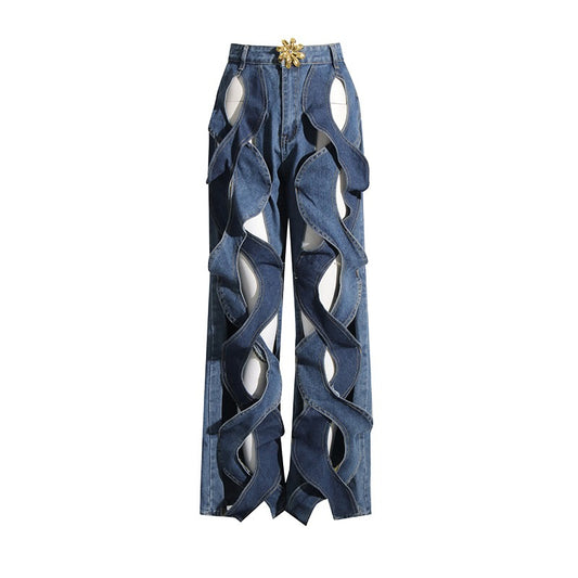 WezelBezel High-Waist Wide-Leg Jeans – Unique Hollow and Metal Details