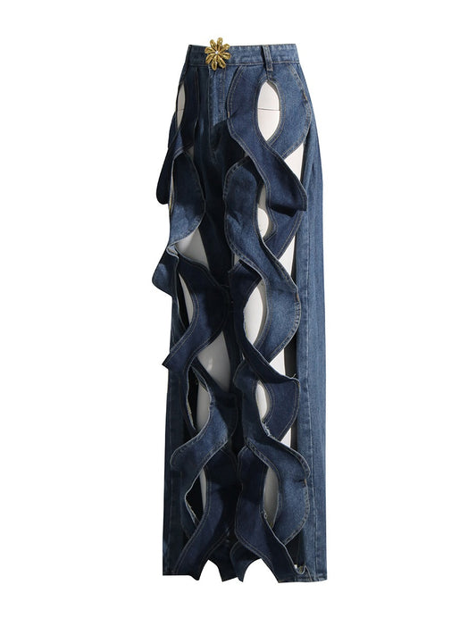 WezelBezel High-Waist Wide-Leg Jeans – Unique Hollow and Metal Details