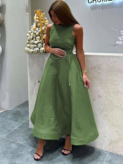 WezelBezel Sleeveless A-Line Green Dress – High-Waist Casual Elegance