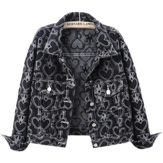 WezelBezel Heart Print Denim Jacket – Trendy & Fun