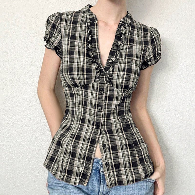 WezelBezel Checkered Puff Sleeve Shirt