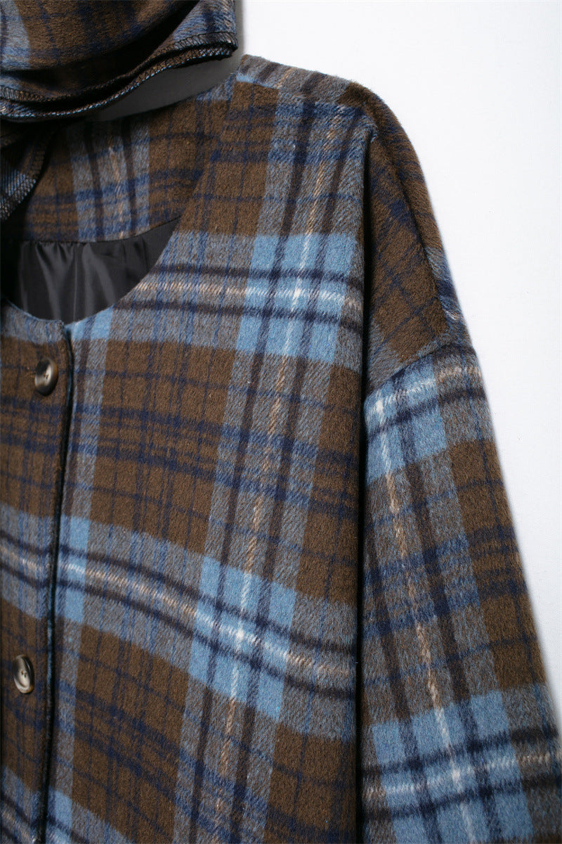 WezelBezel Scarf Collar Coat - Plaid Long Style