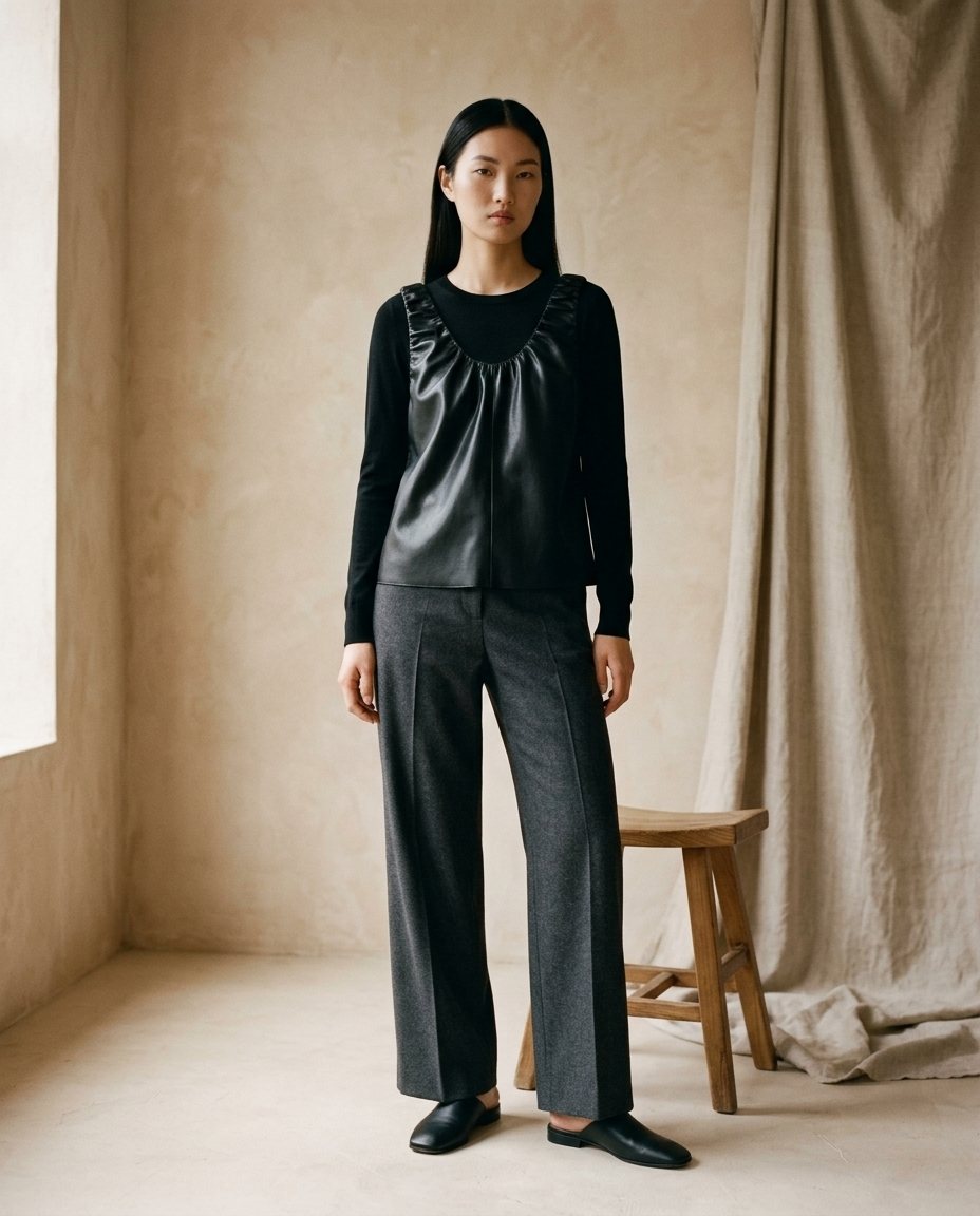 Faux-Leather Sculpted Vest, styled in WezelBezel studio imagery